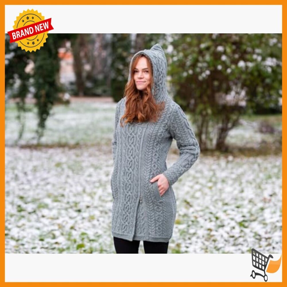 Merino Wool Zip Cardigan with Hood and Pockets, Long Length - Picture 5 of 7